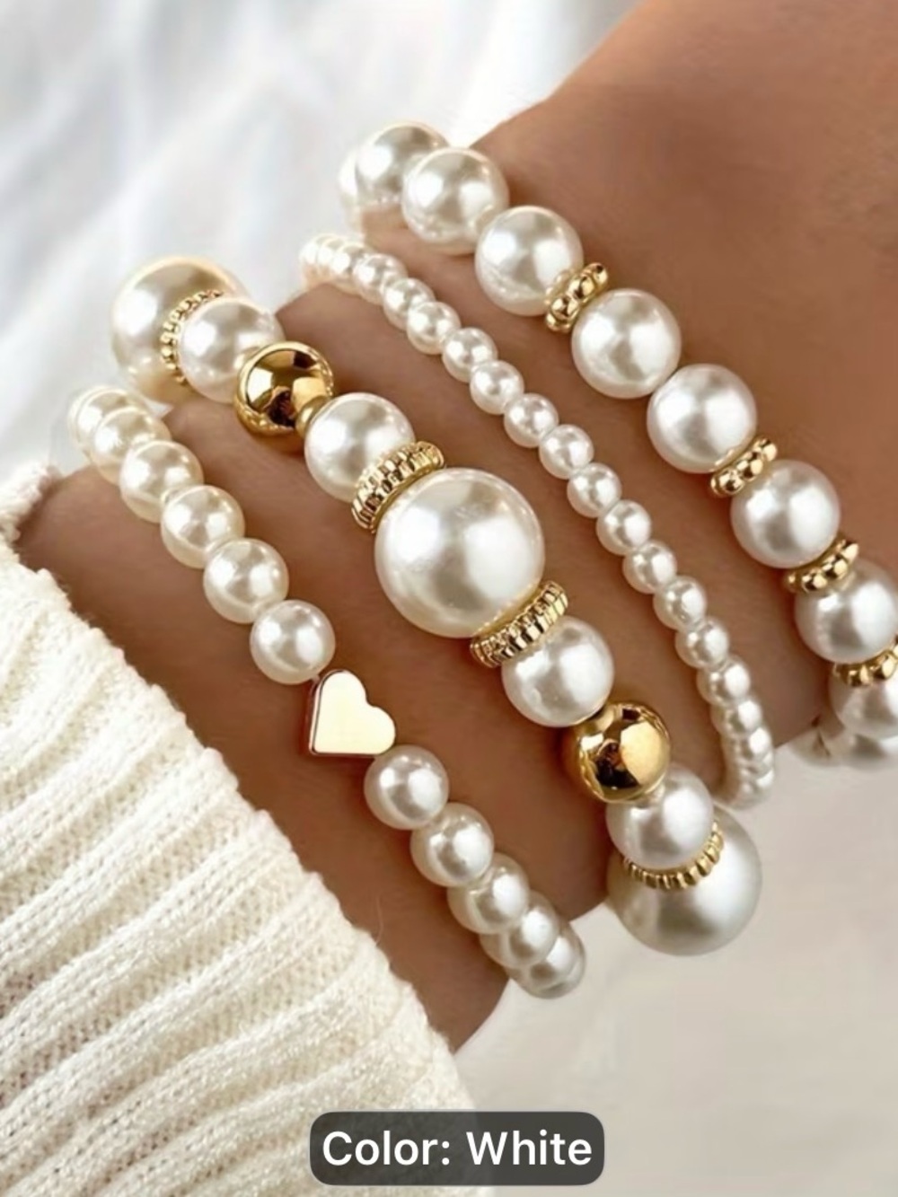 4 White Pearl and Gold Accent Bracelet Stack - Women Jewelry
